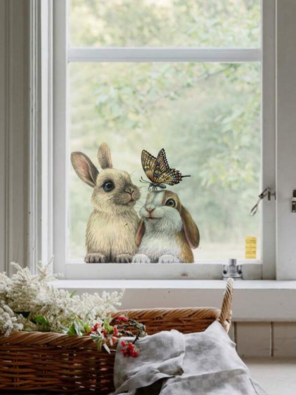 1 pièce Autocollant décoratif pour fenêtre, motif mignon de chats et lapins, imperméable, auto-adhésif, amovible et non pelucheux, pour la décoration de la maison