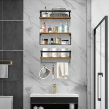 Repisa de madera en la pared, Set de 3 estantes flotantes montados con cesta de alambre y toallero para baño, cocina, dormitorio - Marrón - Ver 5