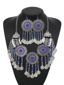 1PC Thời Trang Vintage Nhiều Lớp Rỗng Hình Học Đồng Xu Tua Rua Vòng Cổ, Bao Gồm 2 Bông Tai Dành Cho Nữ - Loại bướm - Xem 7