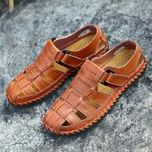 Men's Handmade Stitching Sandals, Outdoor/Business/Casual Leather Beach Shoes - Brown - View 4