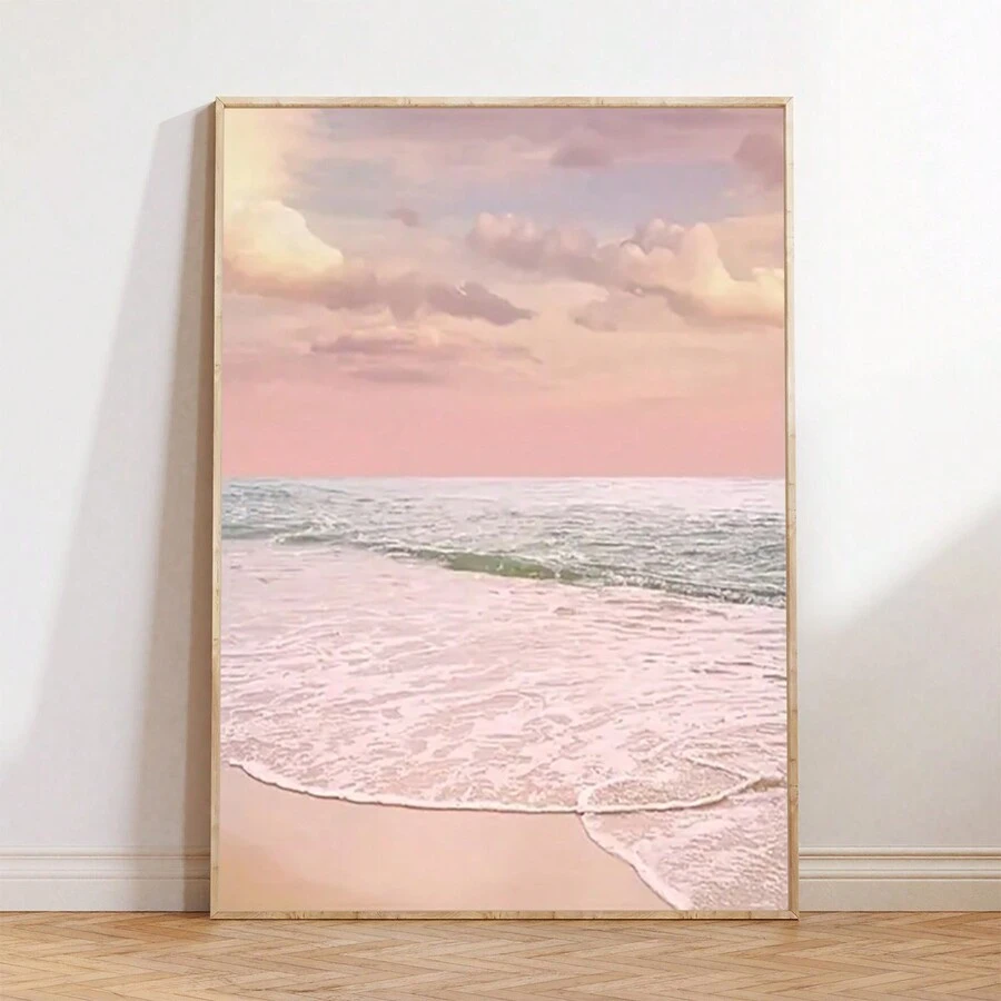 FajerminArt 粉紅海灘日出壁畫-現代海景油畫打印品,適用於寧靜家居裝飾,無框油畫肖像畫 - 彩色 - 查看 1