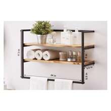 Metal Industrial 2 Tier Bathroom Shelves Wall Mounted,24" Bathroom Shelf With Towel Bar,Wall Shelf Towel Rack Over Toilet,Floating Shelves Towel Holder,Solid Wood Shelves With Metal Frame,Black