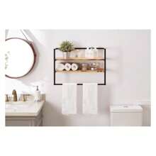 Metal Industrial 2 Tier Bathroom Shelves Wall Mounted,24" Bathroom Shelf With Towel Bar,Wall Shelf Towel Rack Over Toilet,Floating Shelves Towel Holder,Solid Wood Shelves With Metal Frame,Black