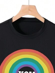 青少年男孩時尚、休閒、舒適、彩虹、幽默口號印花短袖T恤，夏季圓領上衣，送禮佳品 - 黑色 - 查看 3