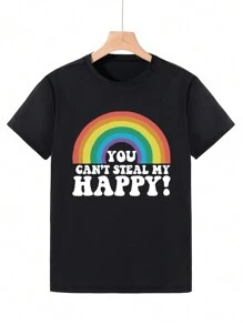 青少年男孩時尚、休閒、舒適、彩虹、幽默口號印花短袖T恤，夏季圓領上衣，送禮佳品 - 黑色 - 查看 1