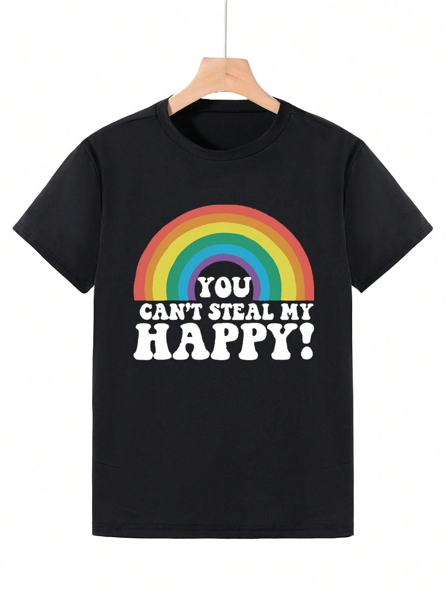 青少年男孩時尚、休閒、舒適、彩虹、幽默口號印花短袖T恤,夏季圓領上衣,送禮佳品 - 黑色 - 查看 1