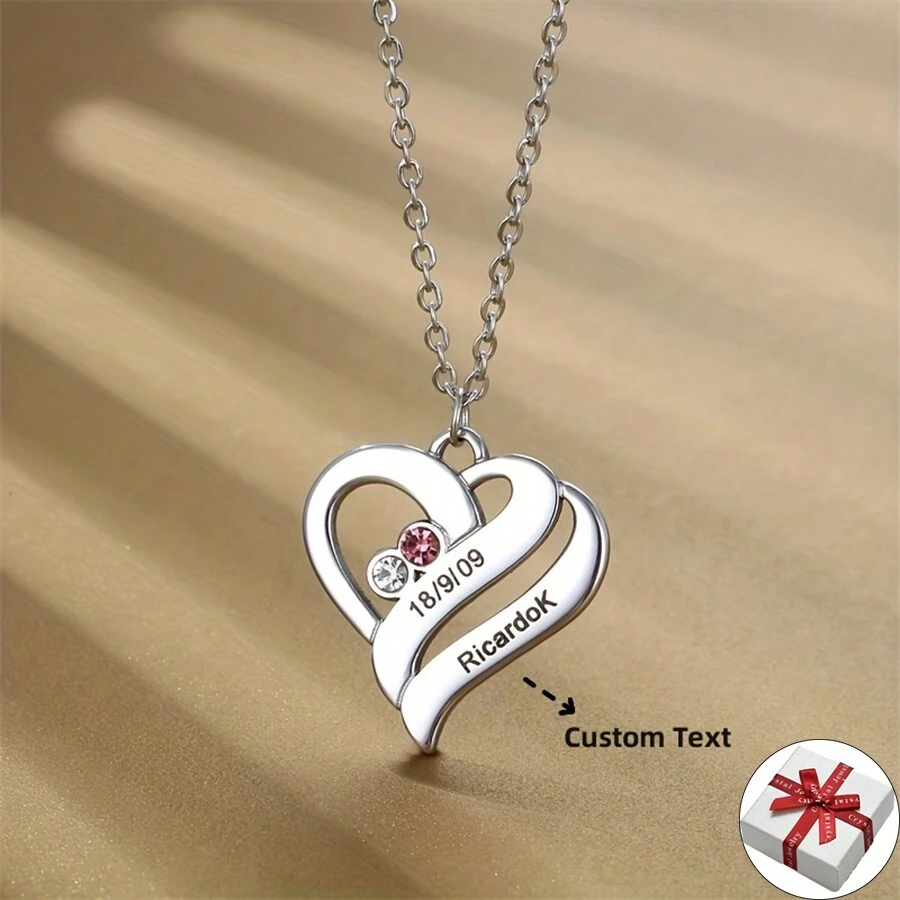 Customized Necklace Single Engraved Name Charm Necklace For Women, Fashionable Personalized Heart Pendant Stainless Steel Customizable Text Couple Necklace, Party Jewelry Gift For Couple Valentines,Silver,Stylish,Colorful,Vintage,Simple,Unisex,Casual,Cuties,Custom,Personalized,Unique,Ideal Gifts For Him,Ideal Gifts For Her,Her,Boyfriend,Girlfriend,Dad,Mom,Family,Friends,For Anniversaries,For Birthdays,For Graduation,For Prom,For Party,Stainless Steel Jewelry - Silver - View 1