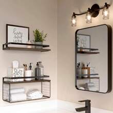 Repisas flotantes minimalistas, estantes de madera de pared, juego de 2 estante de almacenamiento para baño, cocina, oficina, dormitorio - Café integral - Ver 2