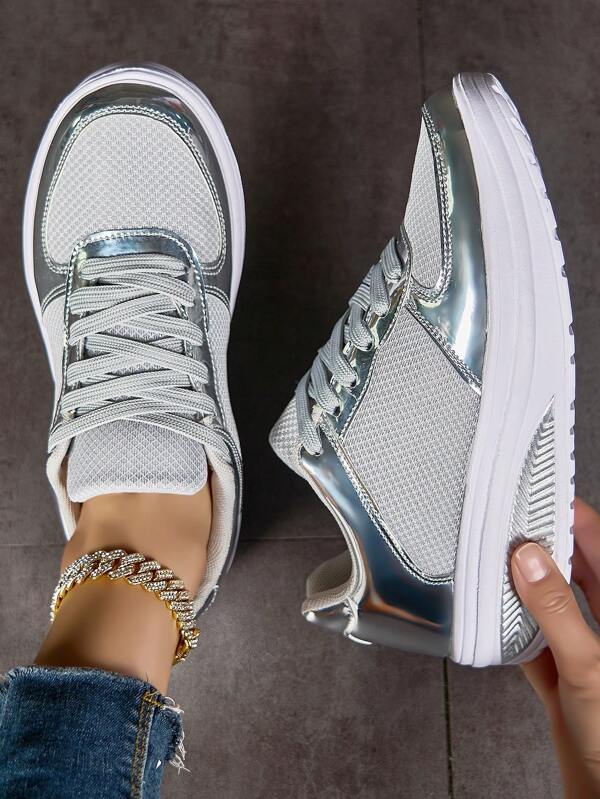 Women's Shiny Rocker Sole Shoes With Thick Sole And Breathable Mesh Upper, Ideal For Mom's Casual/Sports Wear