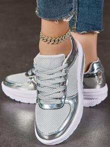 Women's Shiny Rocker Sole Shoes With Thick Sole And Breathable Mesh Upper, Ideal For Mom's Casual/Sports Wear - Silver - View 5