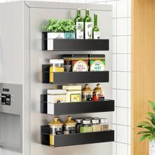 #Double-Sided Magnet Welding Storage Rack: Double-Sided Magnet Refrigerator Spice Rack, Metal Black Fridge Multiple Layer Storage Rack For Kitchen Spices, Bathroom And Daily Supplies. Reusable Shelf, Multifunctional Large-Capacity Magnetic Shelf. - Black - View 3