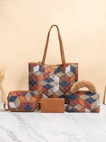 4 件套格子手提包套装，书包套装，便携，经典休闲，商务休闲，适合青少年女孩、女大学生、白领、大学，非常适合办公室、小学，适合学校、大学和旅行的理想书包套装