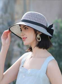 1 件女士夏季遮阳草帽，时尚简约宽檐帽，百搭蝴蝶结装饰太阳帽，适合夏季防晒，款式随机带风绳 - 彩色 - 查看 5