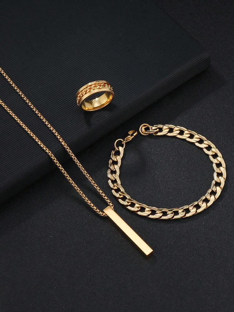 3pcs Stylish Stainless Steel Black Jewelry Set One Embossed Ring One Rectangular Necklace One Textured Bracelet Suitable For Men'S Daily Wear Use - Gold - View 10