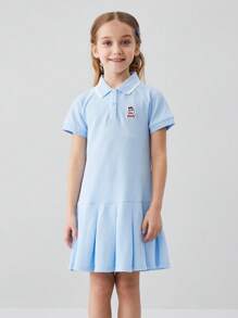 Annil 女孩夏季休閒運動風 Polo Polo 領短袖襯衫 - 淺藍色 - 查看 1