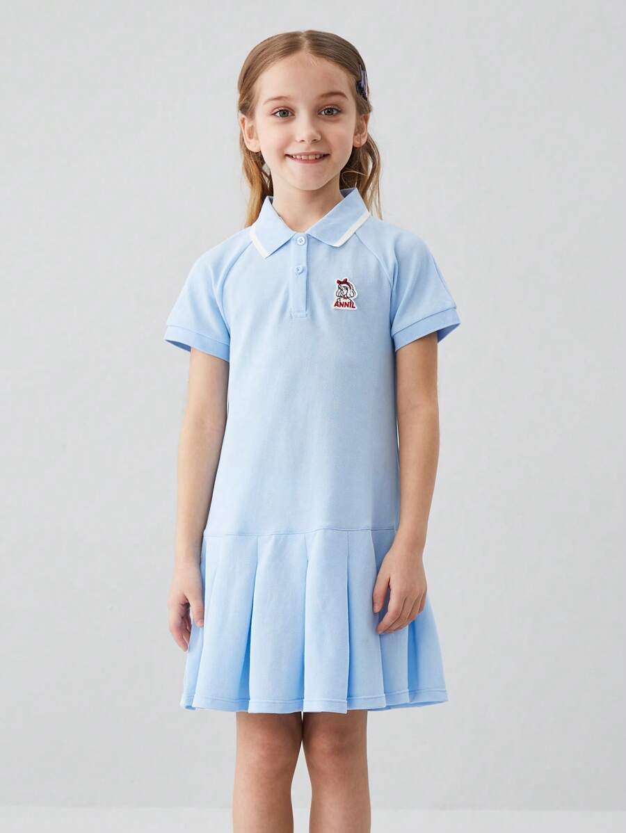 Annil 女孩夏季休閒運動風 Polo Polo 領短袖襯衫 - 淺藍色 - 查看 1