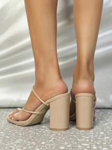 Sandalias de tacón alto de mujer en color albaricoque con punta cuadrada, tacón grueso, correa transparente, suave, sexy, moderno, versátil y cómodo que hacen que las piernas luzcan más largas y atractivas