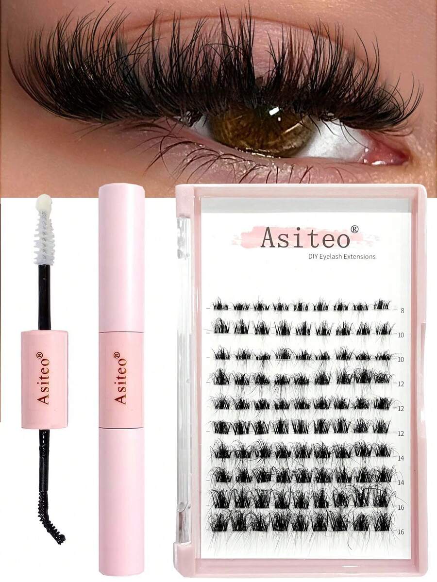 Asiteo 90 piezas DIY Racimos Pestañas D Curl con kit de pegamento 2 en 1 de aspecto natural, extensiones de pestañas esponjosas y fragmentadas para vacaciones - Multicolor - Ver 1