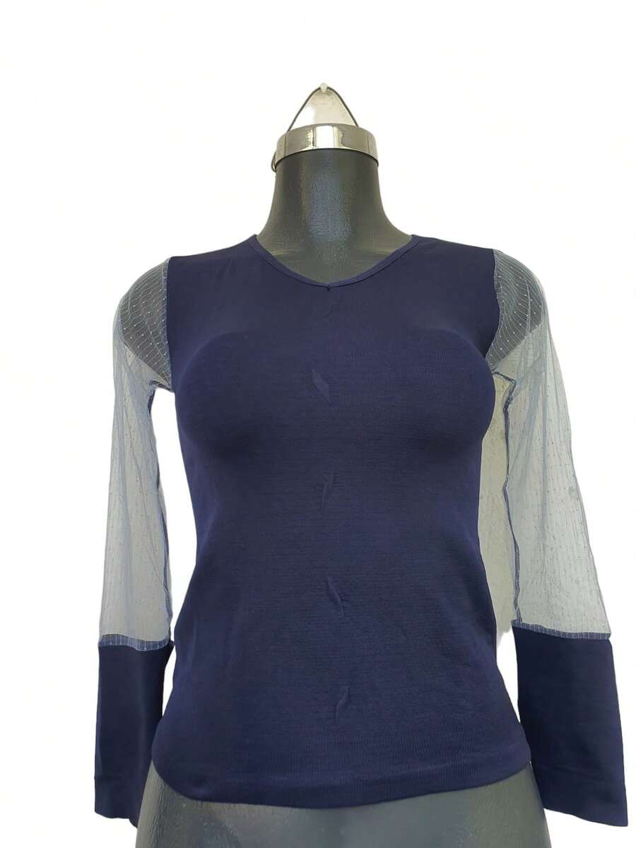 Blouse With Long Sleeves Transparency Stretch Look - 藏蓝色 - 查看 1