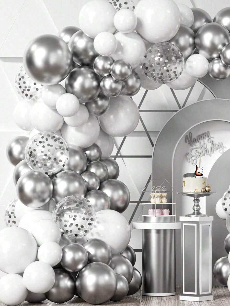 98 件银色气球花环套件，95 件白色和银色气球拱门套件，配有银色五彩纸屑气球，非常适合生日毕业典礼订婚婚礼周年派对装饰、圣诞节 - 彩色 - 查看 1