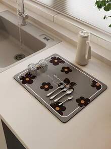 1pc American Minimalist Style Kitchen Draining Mat, Coffee Machine Pad, Quick Water Absorption, Keep Countertops Dry - Grey - View 2