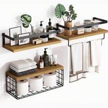 Repisa de madera en la pared, Set de 3 estantes flotantes montados con cesta de alambre y toallero para baño, cocina, dormitorio - Marrón - Ver 1