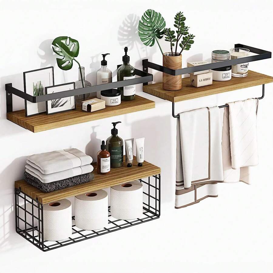 Repisa de madera en la pared, Set de 3 estantes flotantes montados con cesta de alambre y toallero para baño, cocina, dormitorio - Marrón - Ver 1