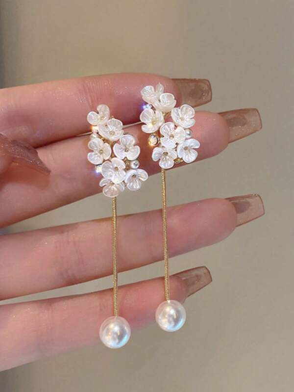 1 par Pendientes largos con borlas con forma de flor y perlas como regalo para San Valentín, mamá, madre, Día de la Madre