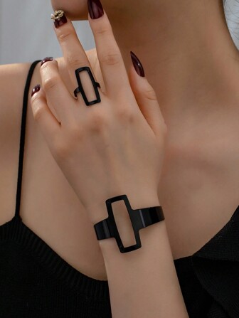 1set Geometric Hollow Out Square Design European And American Style Retro Exaggerated Bangle Ring Set, Holiday Gift