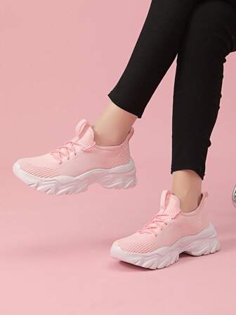 Women's Sport Shoes, Breathable Soft Sole, Lightweight, Antiskid, Knitted Lace-Up Jumping Rope Shoes, Summer Holiday Style, Chunky Sneakers For Running