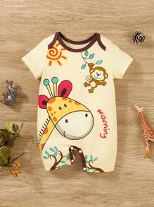 Newborn Baby Girl Romper With Cartoon Giraffe Print, Peter Pan Collar, Summer Outfits - Apricot - View 2