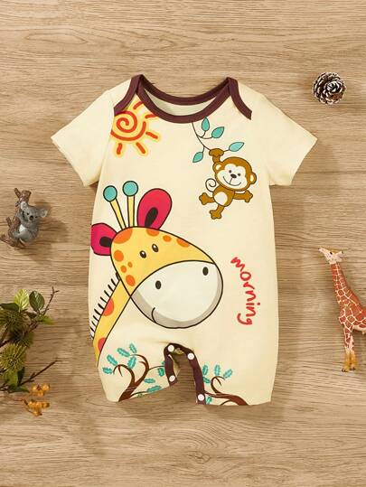 Newborn Baby Girl Romper With Cartoon Giraffe Print, Peter Pan Collar, Summer Outfits