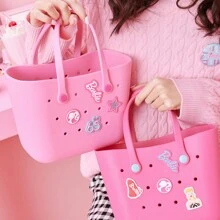 Miniso Barbie Shining Collection Hole Cartoon Pattern Tote Bag School Lunch Bag Portable Travel Picnic Bag (Barbie Pink) - Pink - View 5