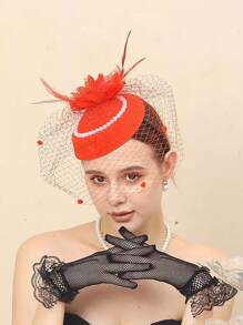 1入組女士頭飾，配有網眼、花朵和仿珍珠設計的頭帶/鉗子夾，適用於新娘、派對、婚禮、情人節、生日、復古帽、波西米亞風格和優雅旗袍髮型