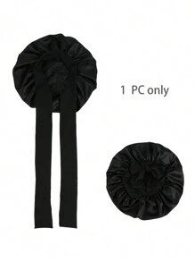 1件缎面蝴蝶结弹力轻便浴帽，纯色，女士及女孩适用，黑色，情人节睡帽 - 黑色 - 查看 6