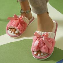 Women's Rabbit Fluffy Bow-Knot Design Open-Toe House Slippers, Comfortable, Solid Color, Bedroom Floor Slippers - Pink - View 6