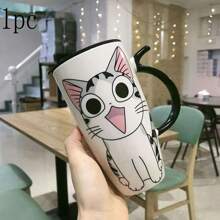 1 Máy Tính Thiết Kế Hình Mèo Dễ Thương Dung Tích Lớn Cốc Nước Gốm Sáng Tạo Cặp Đôi Cốc Ăn Sáng Cho Gia Đình Và Văn Phòng - trắng - Xem 2