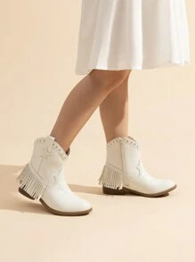 Girls Western Boots | Ankle Cowboy Boots With Tassel And Side Zipper For Little & Big Kid - trắng - Xem 2