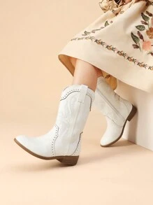 Western Cowboy Boots For Kids, Classic Mid Calf Riding Boots For Boys And Girls - trắng - Xem 1