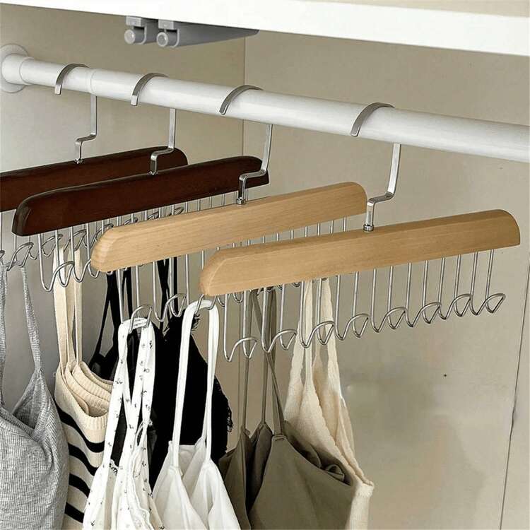 2 Piezas Perchero De Madera Maciza Multiusos Con 8 Ganchos, Incluye Almacenamiento De Ropa Interior/chalecos Y Perchas Para Corbatas/gorras - color madera - Ver 1