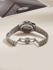 LONGLUX 1pc Men's Waterproof Automatic Mechanical Calendar Watch, Stainless Steel Band With Butterfly Clasp & Decorative Diamonds, Business Style - Silver - View 10