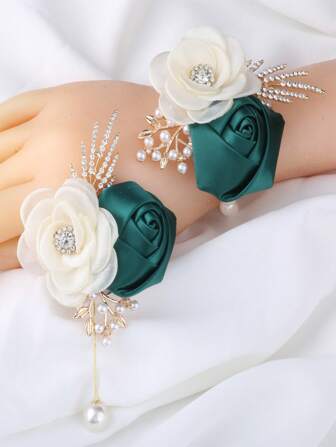 1 件胸花 + 1 件腕花，韩式绿色和米色玫瑰手花，适合新娘/伴娘婚礼派对，日常佩戴手链情人节