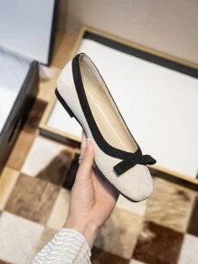 Square Toed Bow Knot Low Vamp Ballet Flats Women Flat Spring New Granny Shoes Large Size Boat Shoes Ladle Shoes - Apricot - View 3