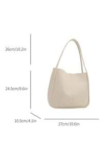 1入簡約復古純色柔軟手感大容量肩揹桶袋，適合女性日常休閒通勤使用 - 米色 - 查看 7