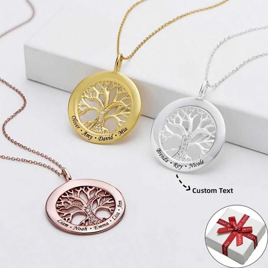 定制刻字不鏽鋼名字吊墜項鍊,生命樹設計和鑲嵌鑽石,個性化家庭珠寶禮物送給親戚