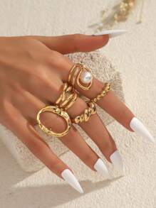 5pcs Set Chunky Plain Band Rings, Suitable For Women's Daily Wear - Yellow Gold - View 3