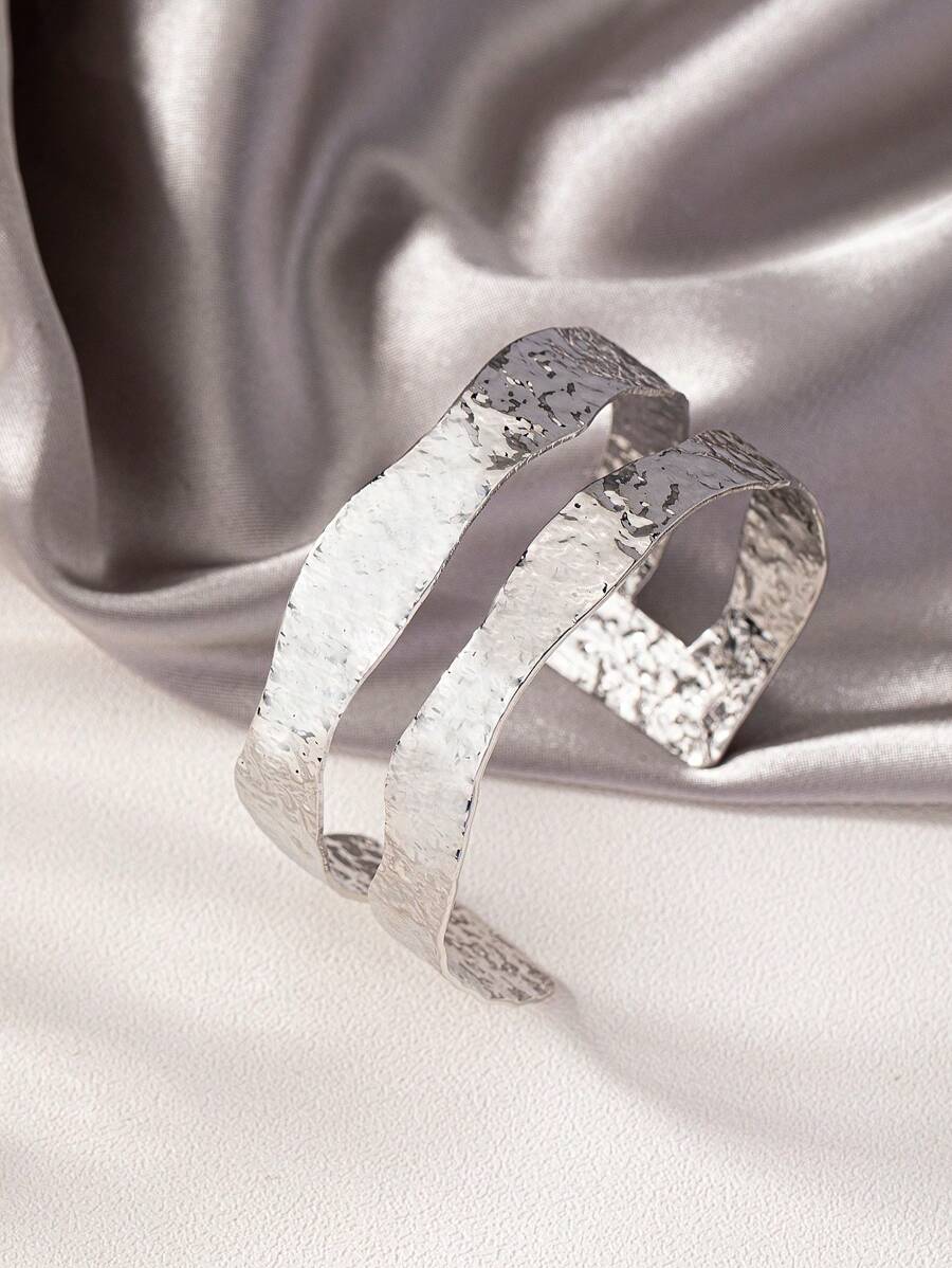 1pc Fashionable, Simple, And Retro European And American Style, Textured Open Cuff Bracelet - Silver - View 1