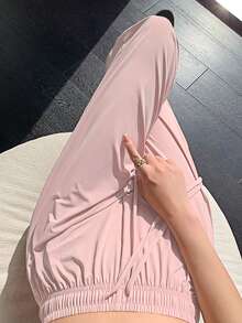 女士舒適實色速乾透氣運動休閒長褲，高腰寬鬆直筒寬腿家居降溫防曬長褲。 - 粉色 - 查看 4