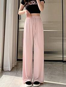 女士舒適實色速乾透氣運動休閒長褲，高腰寬鬆直筒寬腿家居降溫防曬長褲。 - 粉色 - 查看 2