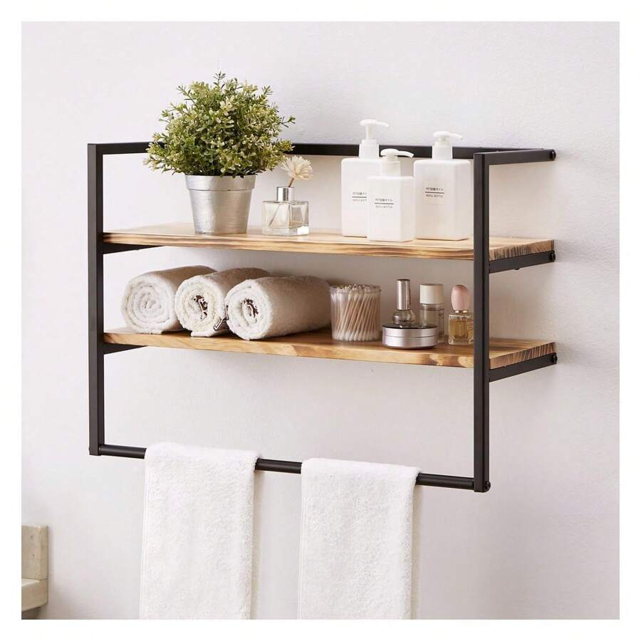 Metal Industrial 2 Tier Bathroom Shelves Wall Mounted,24" Bathroom Shelf With Towel Bar,Wall Shelf Towel Rack Over Toilet,Floating Shelves Towel Holder,Solid Wood Shelves With Metal Frame,Black